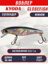 Воблер KYODA Globefish Minnow-66SP, длина 6,6 см, вес 7.0 гр цвет P1277, заглубление 0,5-1,0 м
